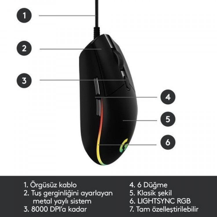 Logitech 910-005823 G102 LightSync Black 8000DPI 6 Tuş Optik RGB Siyah Kablolu Gaming (Oyuncu) Mouse Logitech 910-005823 G102 LightSync Black 8000DPI 6 Tuş Optik RGB Siyah Kablolu Gaming (Oyuncu) Mouse